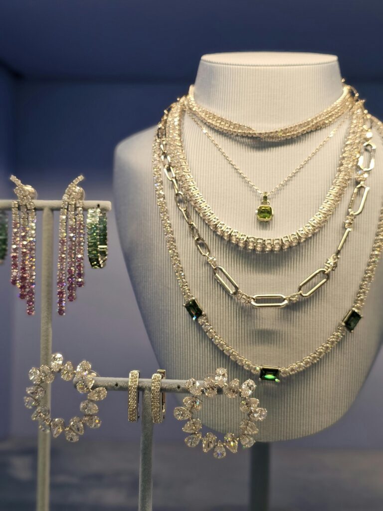 Sophisticated assortment of necklaces and earrings on display in a jewelry store showcase.
